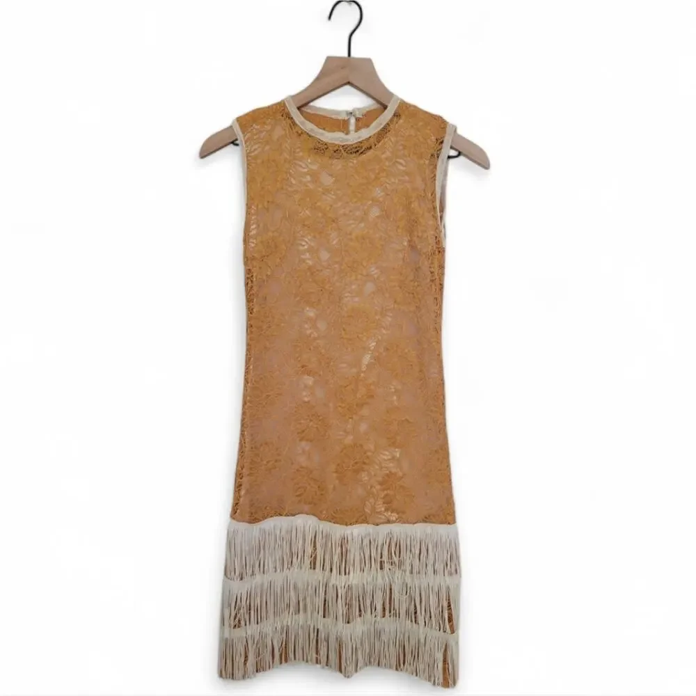 Flapper Dress Child Vintage Costume Gold and White Lace Fringe Youth Medium