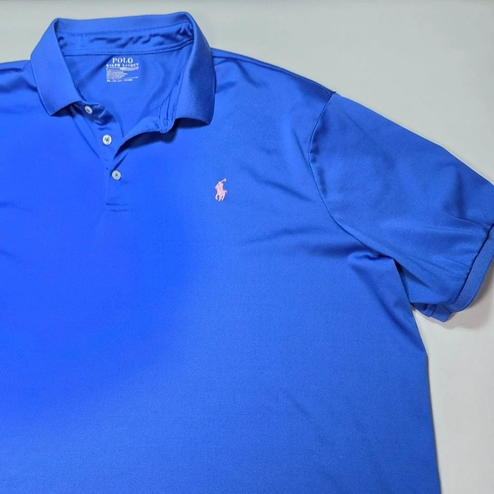 Polo Ralph Lauren Performance Mens XXL Blue Pink Pony Short Sleeve Polo Shirt