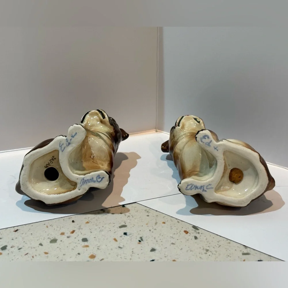 Vintage Antique Bulldog Puppies Salt &‎ Pepper Shakers Set Made in JAPAN