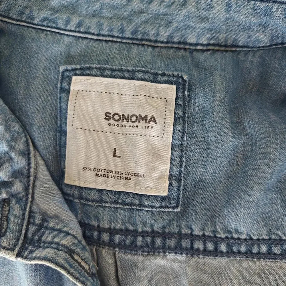 Sonoma Chambray Denim Shirt Dress Long Sleeve Pockets Adjustable Waist L