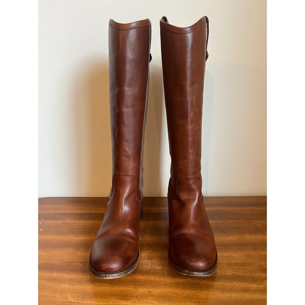 FRYE Melissa Lug Button Tall Riding Boots 77167 Brown Leather Side Zip W Size 7‎