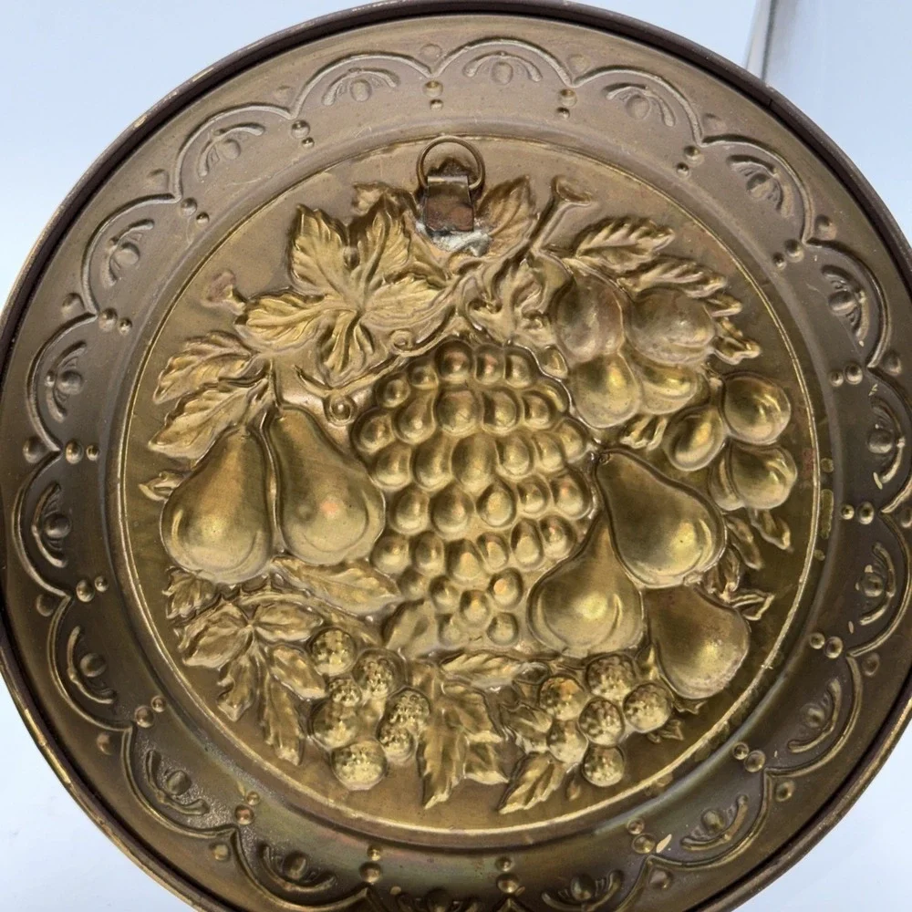 Vintage Brass Wall Plates Made in England Fruit Relief Pair 10.5
