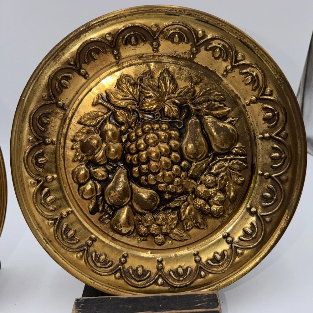 Vintage Brass Wall Plates Made in England Fruit Relief Pair 10.5