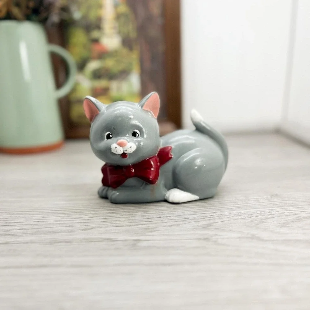 Vintage Gray Porcelain Cat Figure with Red Bow