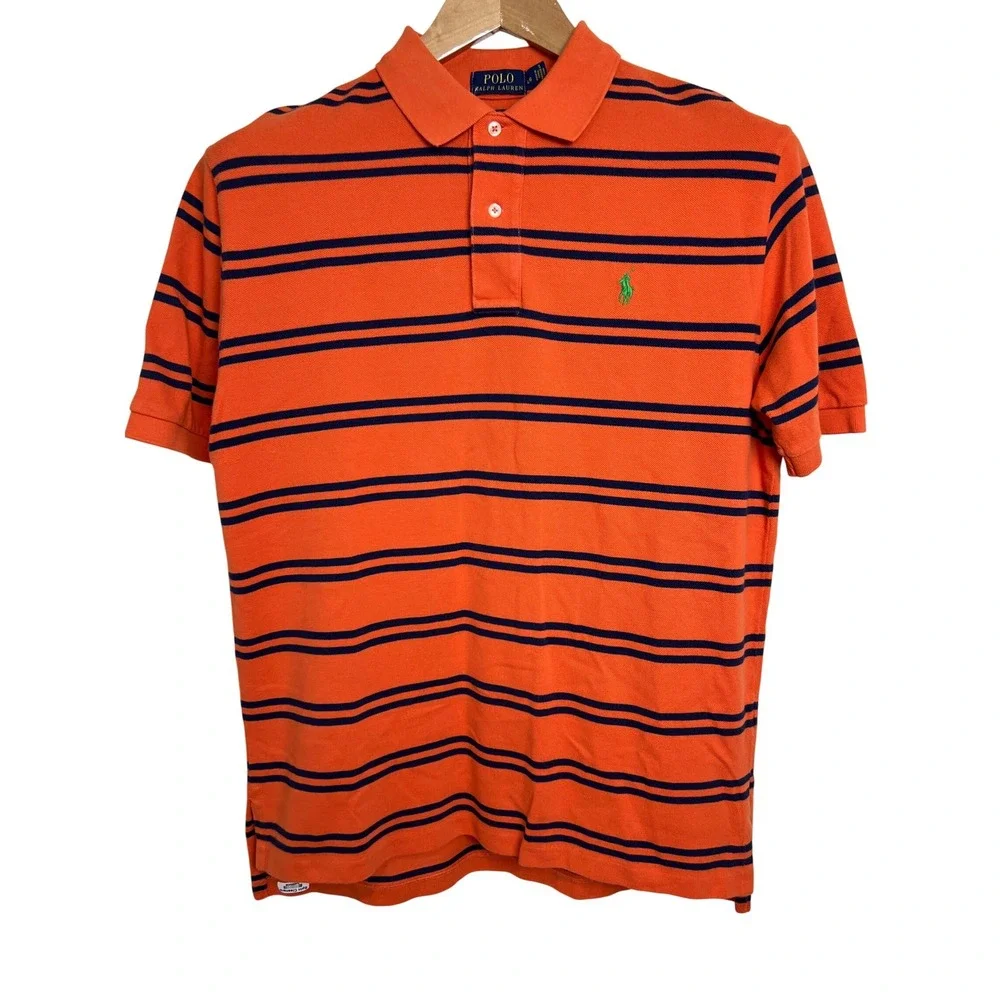 Polo Ralph Lauren Polo Shirt Mens Large Orange Striped Short Sleeve Cotton E19