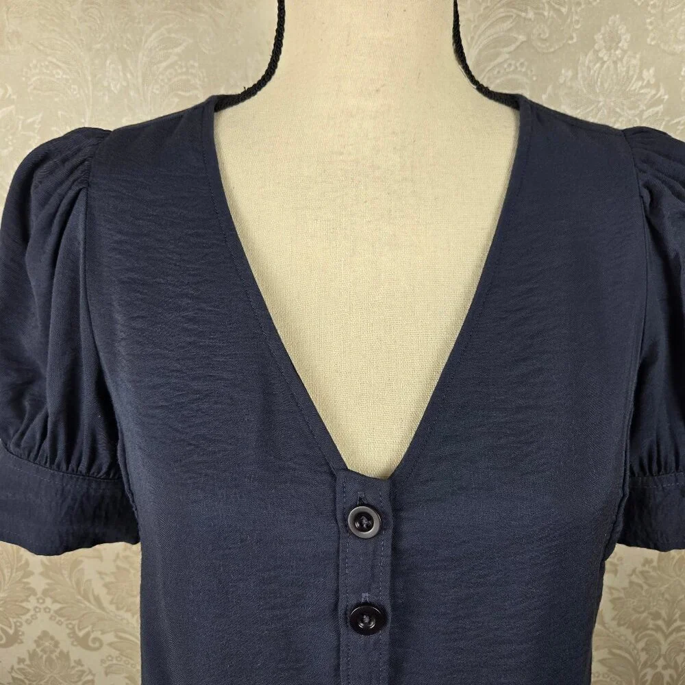Madewell Size Small Navy Blue Peplum Top Puff Sleeves Vneck Button Front