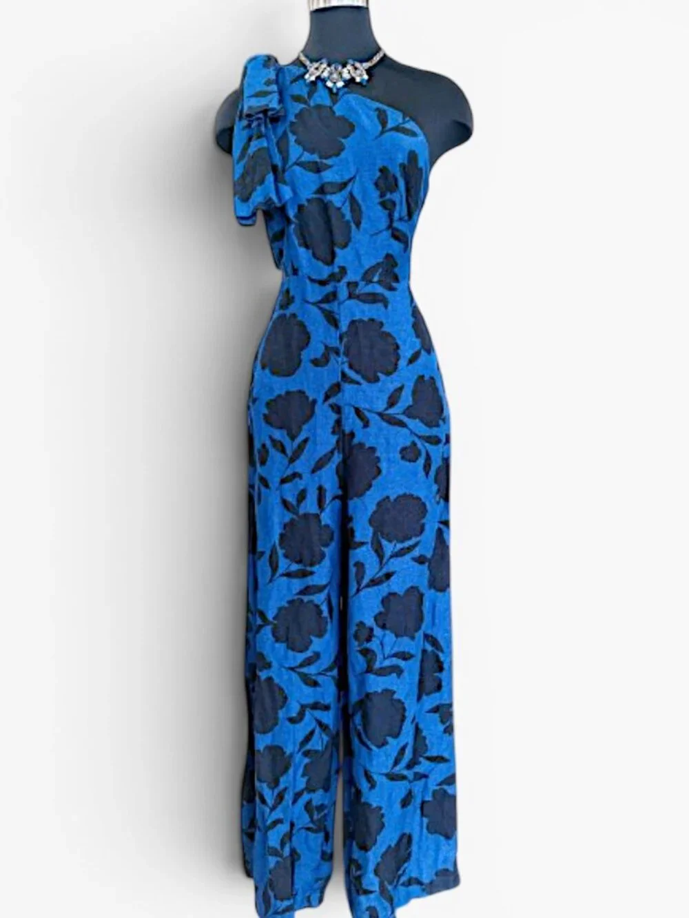 Kate Spade One Shoulder Floral Jumpsuit Blue Black Wide Leg Size 0 NWT