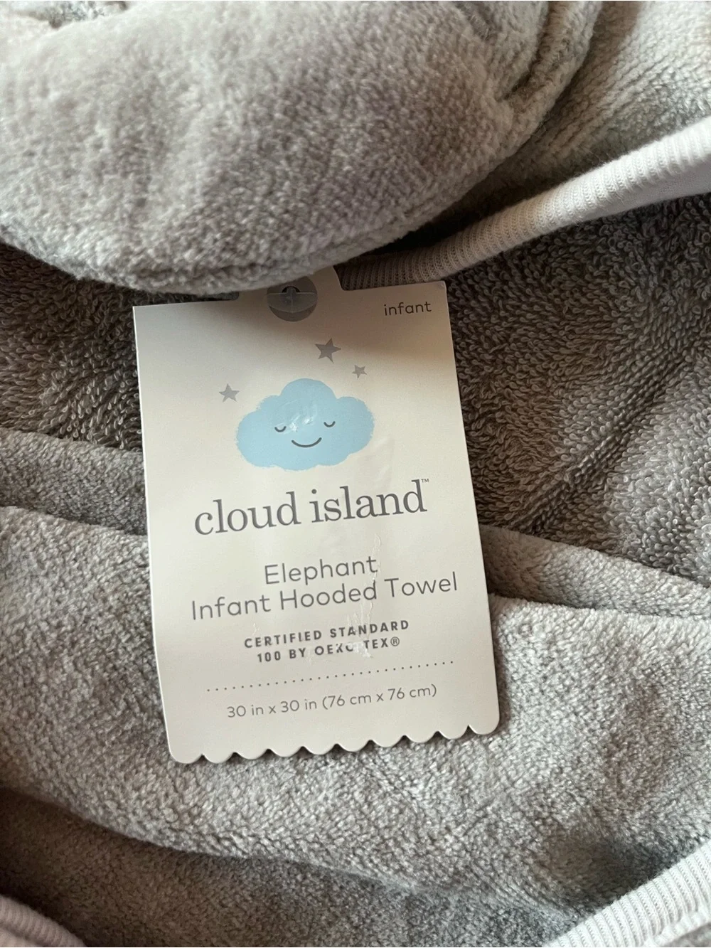 Cloud Island Elephant Hooded Baby Towel in Light Gray