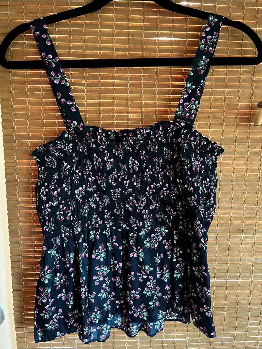 J.Crew Smocked Navy Floral Tank Top with Pink Blossoms