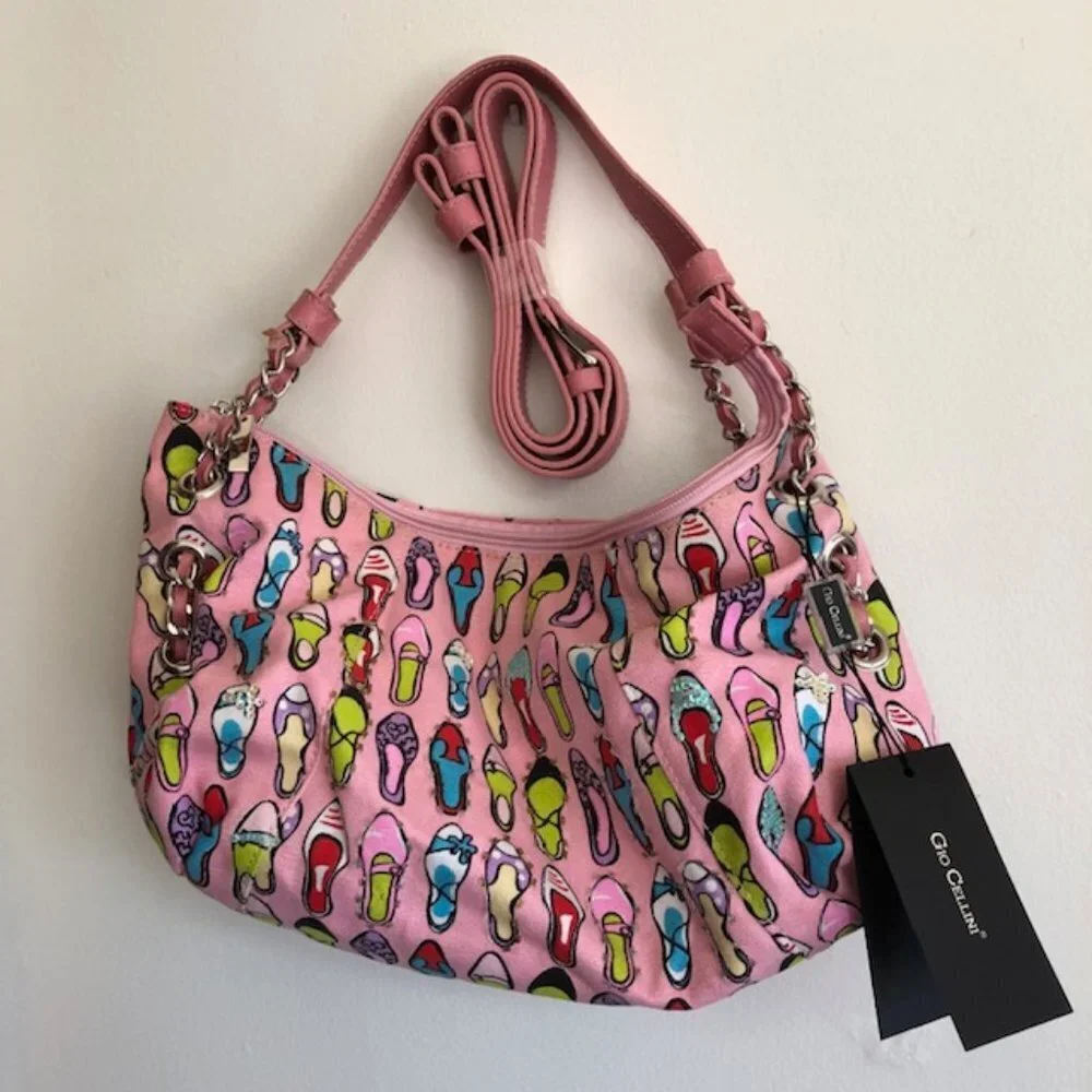 GIO CELLINI Bead Sequin Pink Canvas Shoe Print Hobo Shoulder Bag/Purse