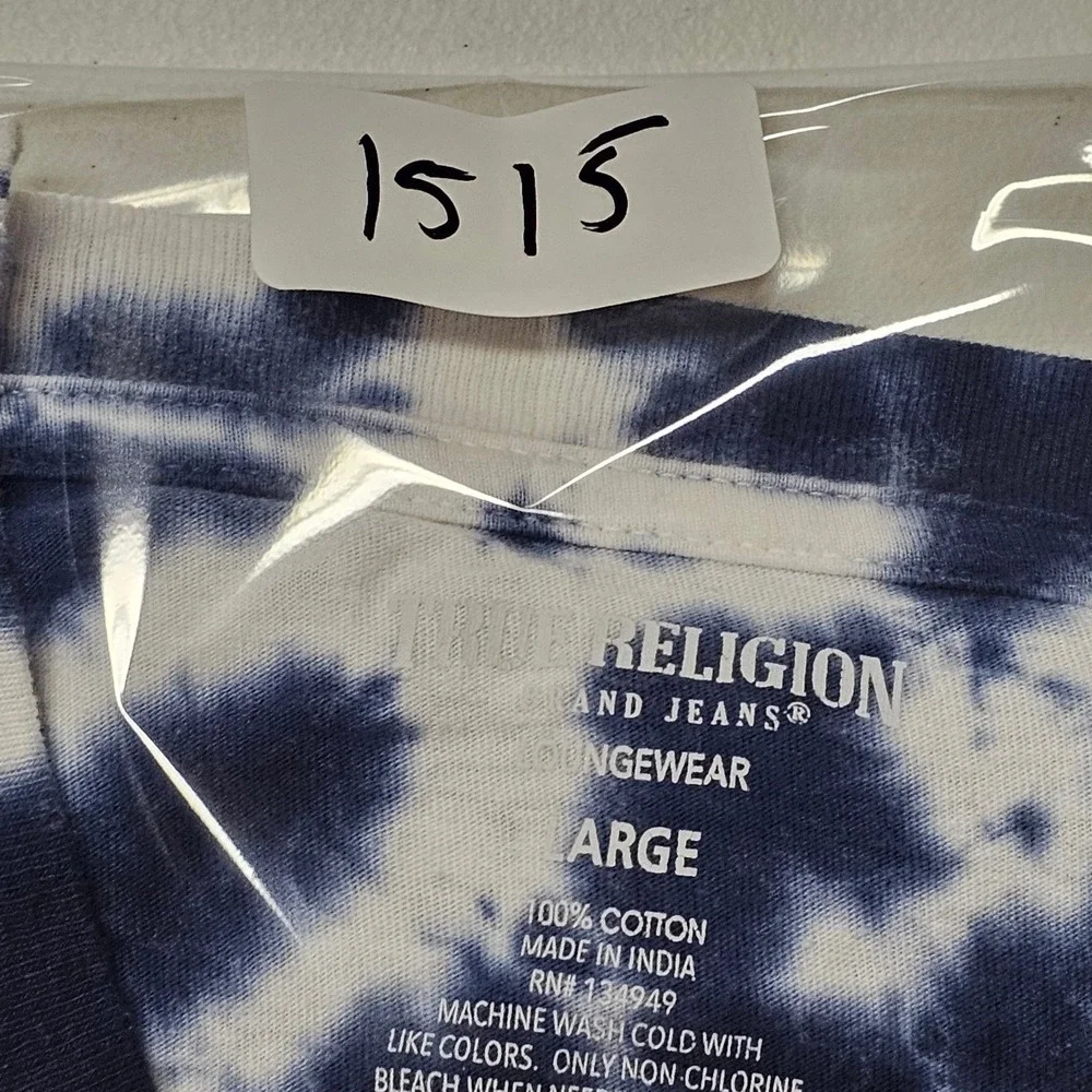 True Religion Mens Blue White Tie Dye V-Neck T-Shirt Horseshoe Logo Large 1515