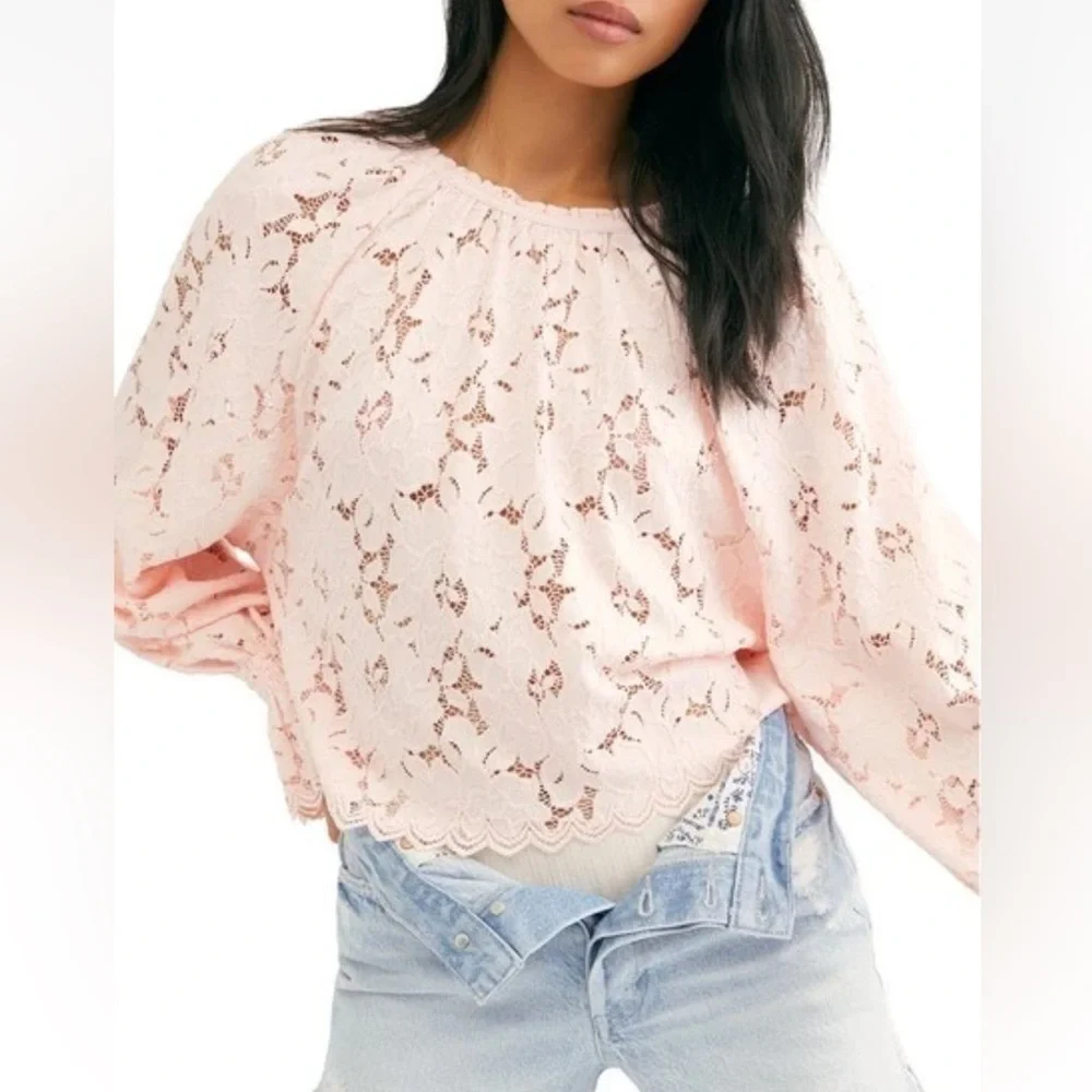 Free People Olivia Balloon Sleeve Lace Blouse Pink Medium NWT OB1037937