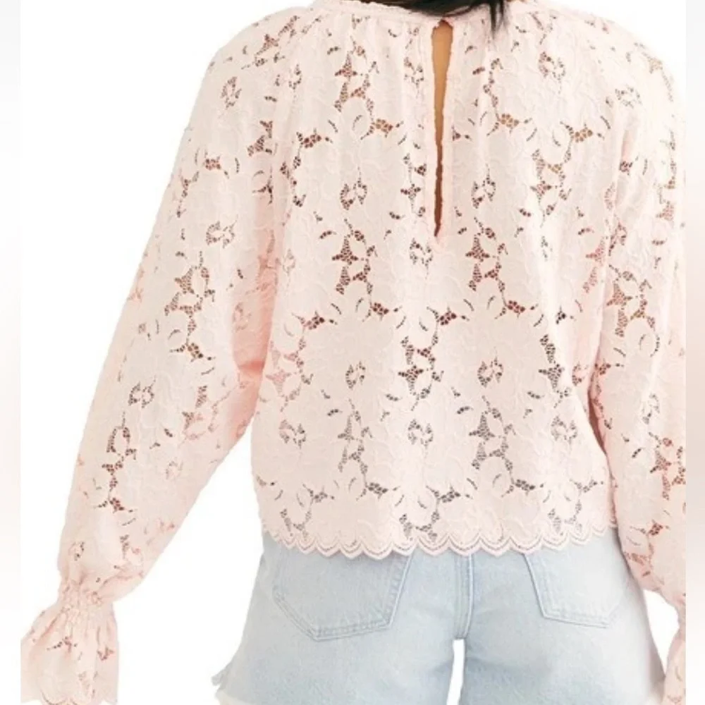 Free People Olivia Balloon Sleeve Lace Blouse Pink Medium NWT OB1037937