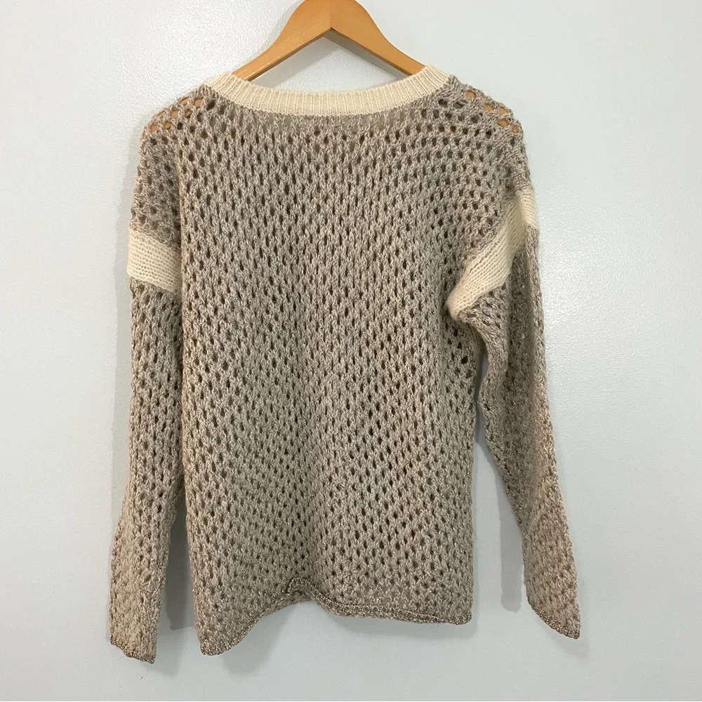Sundance Metallic Open Knit Crewneck Sweater Silver Cream Chunky Mohair Medium