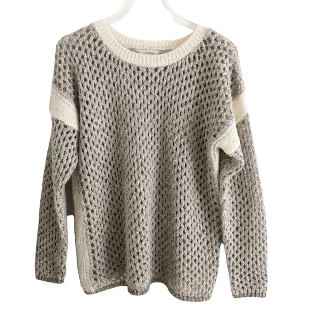 Sundance Metallic Open Knit Crewneck Sweater Silver Cream Chunky Mohair Medium