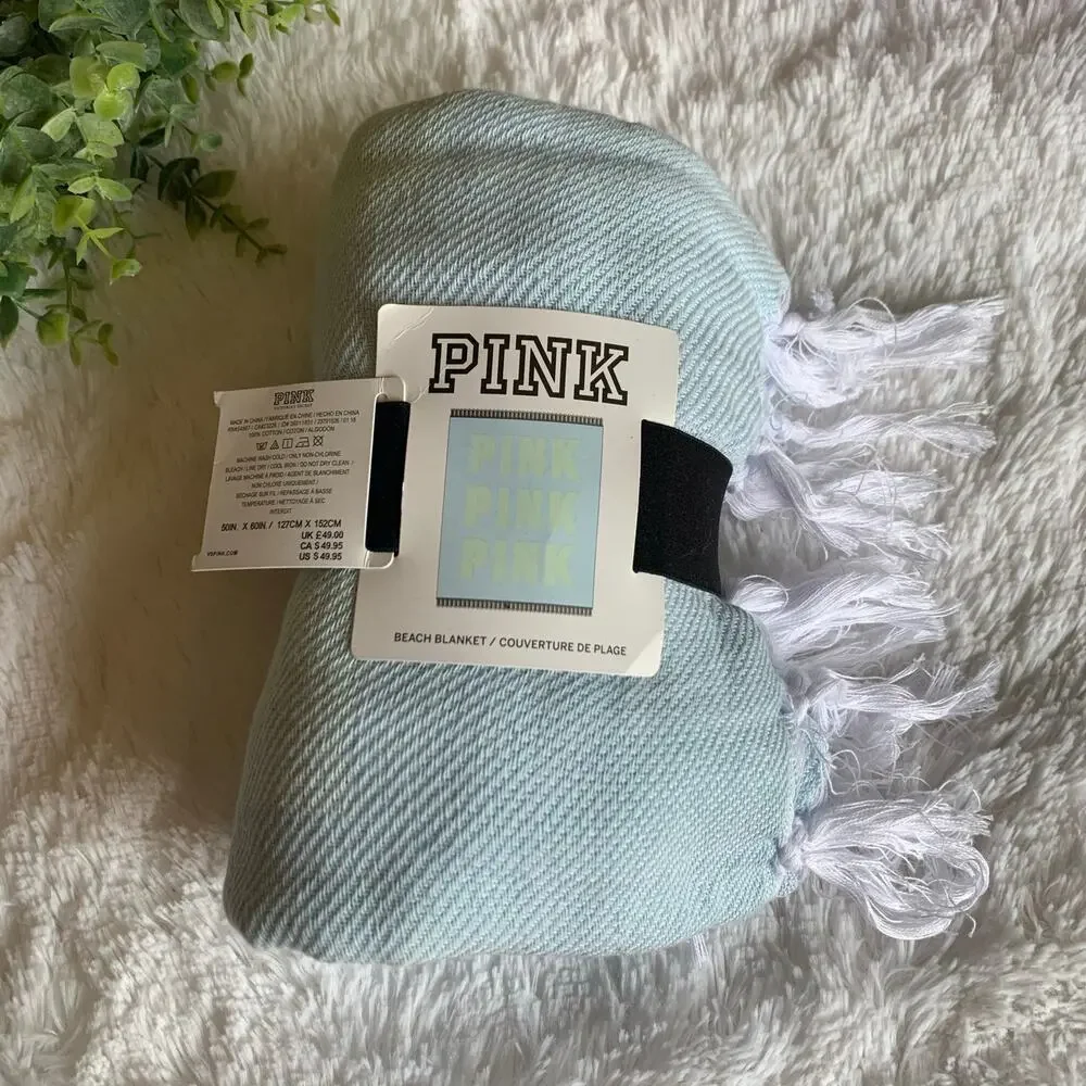 NWT PINK Victoria’s Secret Beach Blanket Tassel Throw Aqua Blue 50x60