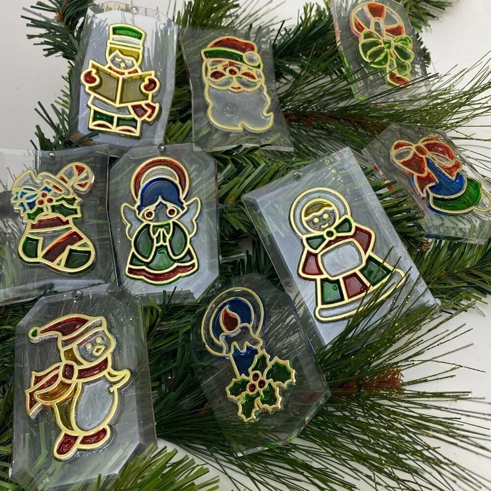 Vintage Christmas Ornaments Set of 9 Clear Plastic Retro Suncatchers