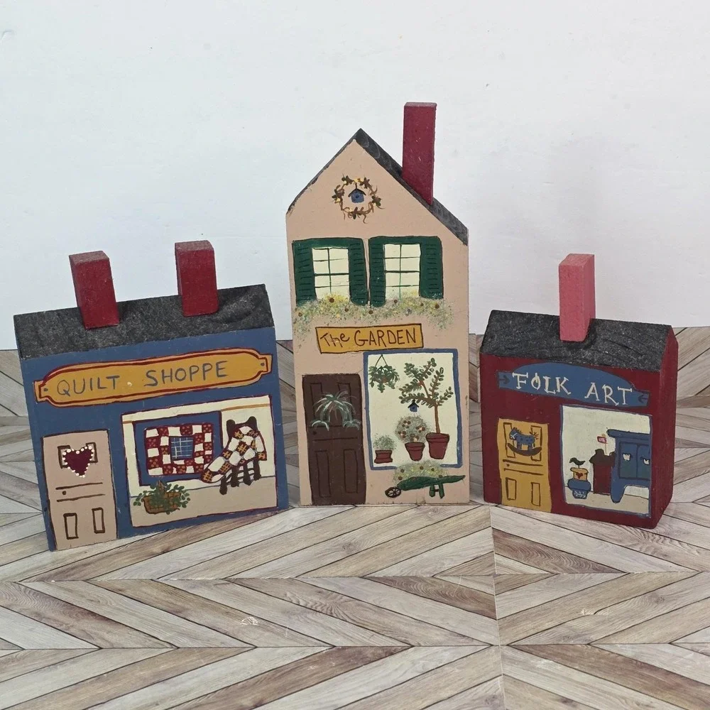Vintage Set 3 Hand Painted Primitive Wooden Buildings Folk Art Shelf Decor