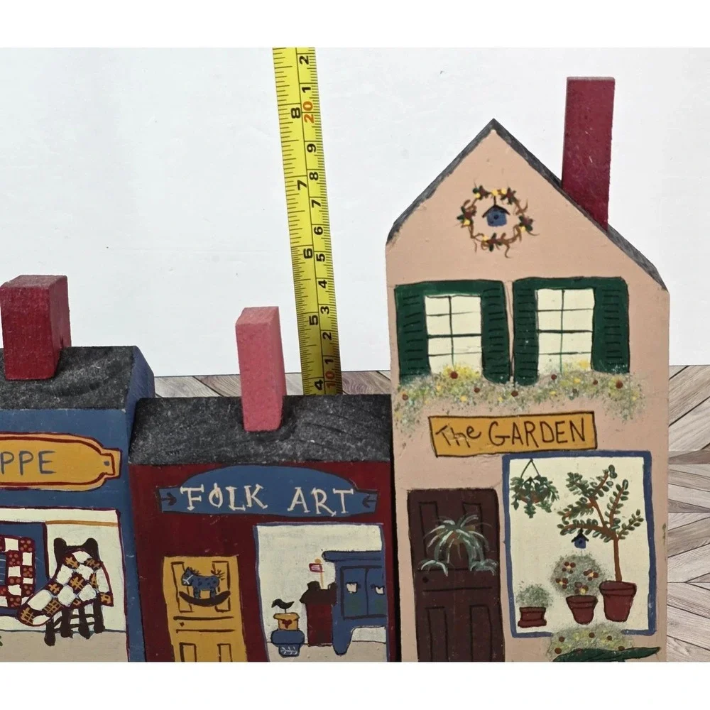 Vintage Set 3 Hand Painted Primitive Wooden Buildings Folk Art Shelf Decor