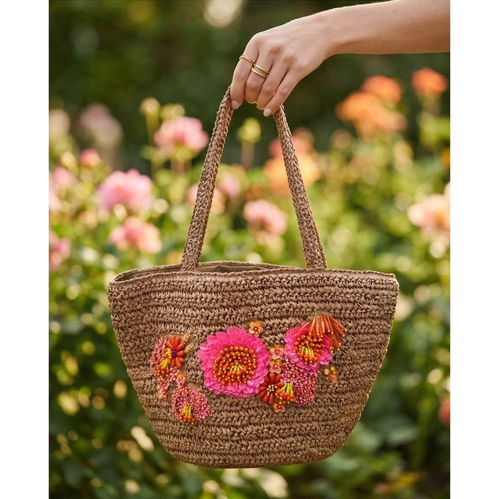 New Anthropologie Handcrafted Woven Straw Floral Beaded Sequin Tote Bag Tan Pink