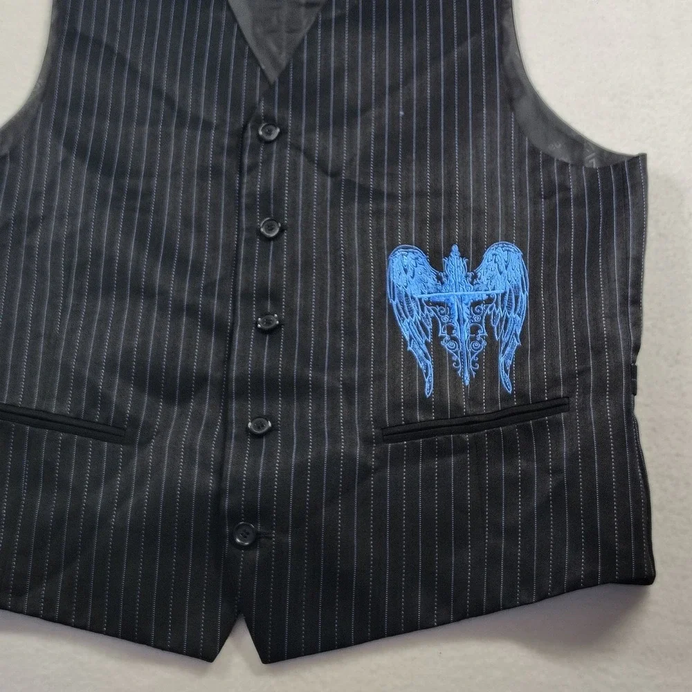 Meztizos USA Mens Pinstripe Vest Black Blue Angel Wing Cross Embroidered XL