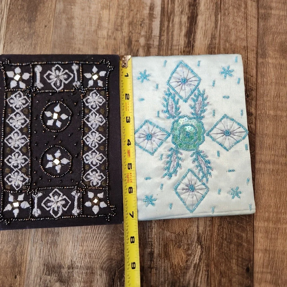 Vintage‎ Style Beaded Embroidered Fabric Journal Set Gray Blue 2pc Blank Pages
