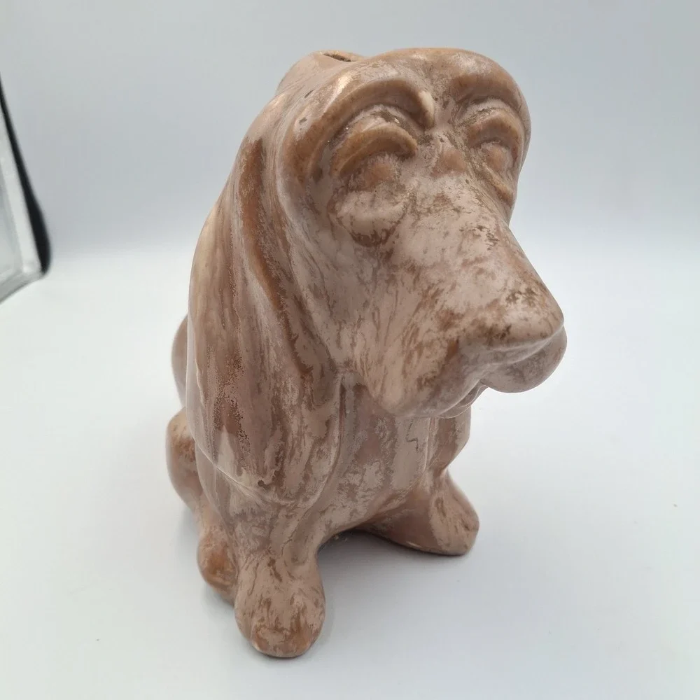 Vintage Ceramic Bassett Hound Dog Coin Piggy Bank Statue Glazed Marbeled‎ Sad