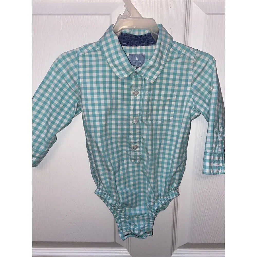 t BABY GAP basic oxford button front snap crotch blue checkered shirt 12-18mos