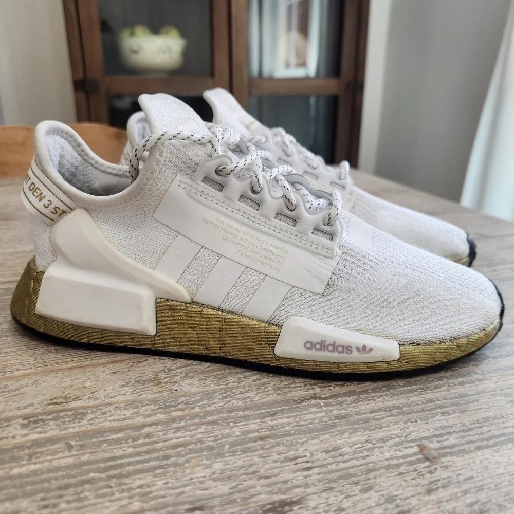 ADIDAS NMD R1 V2 Gold Boost Running Lace Stretch Sneakers White, US Men's 7.5