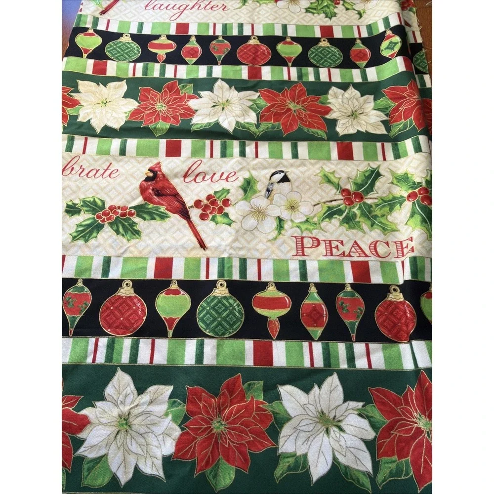 Christmas Carols Birds Poinsettia Stripe Gold Cotton Fabric Wilmington 1.5 Yards