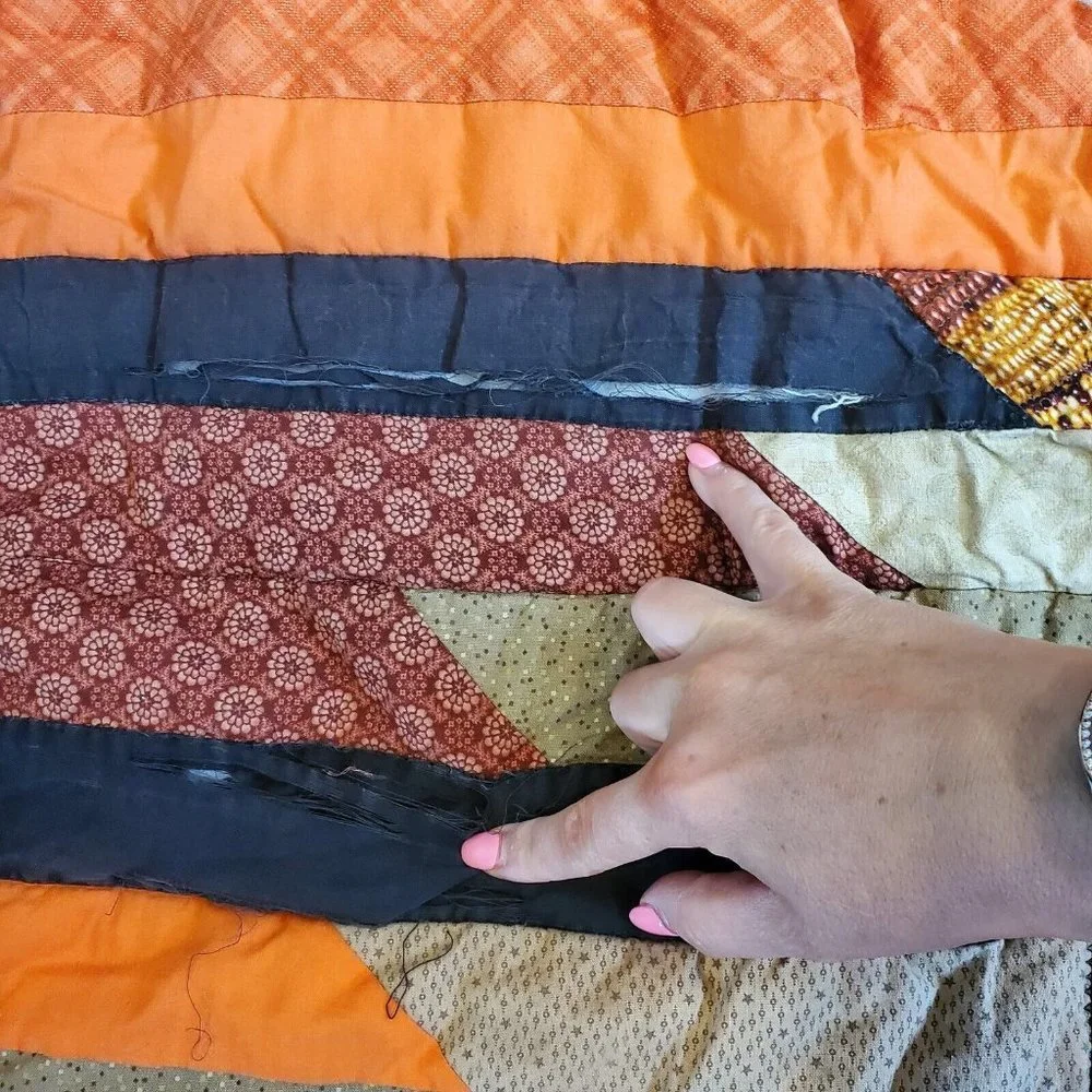 Handmade Jelly Roll Fall Autumn Leaf‎ Quilt Brown Orange NEEDS REPAIR 62x48