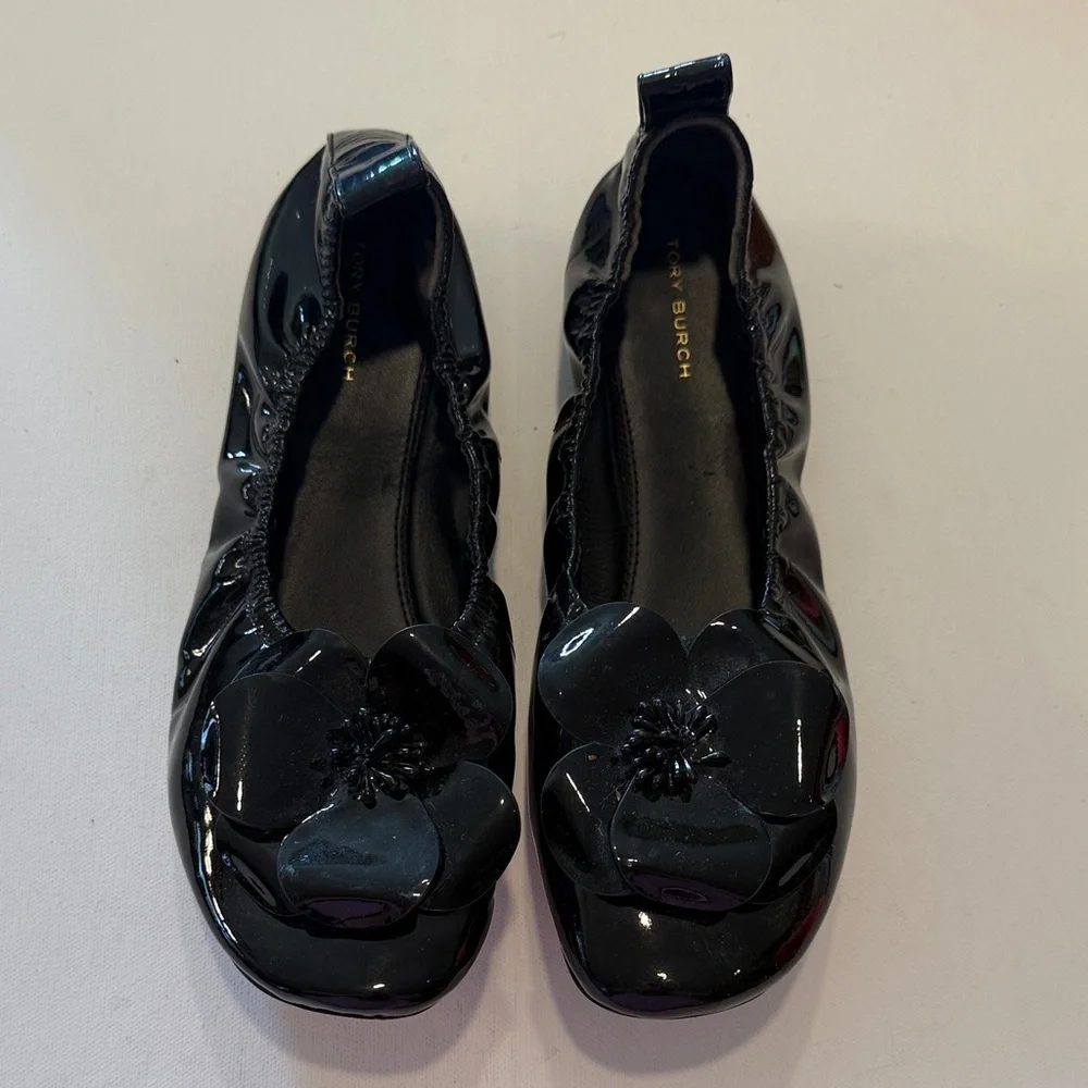 Tory Burch Glossy Black Flower Flats