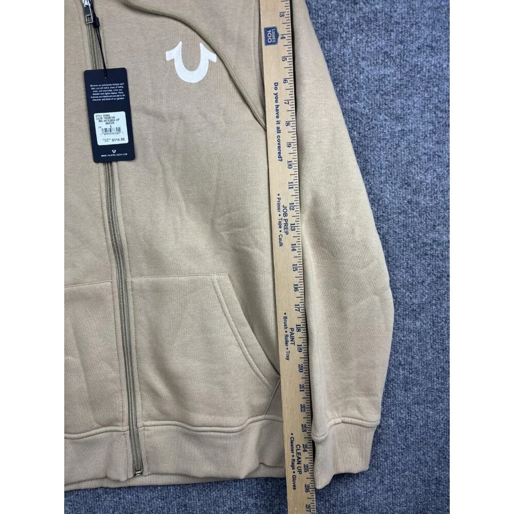 True Religion Hoodie Mens Large‎ Beige Full Zip Fleece Sweatshirt Logo Back