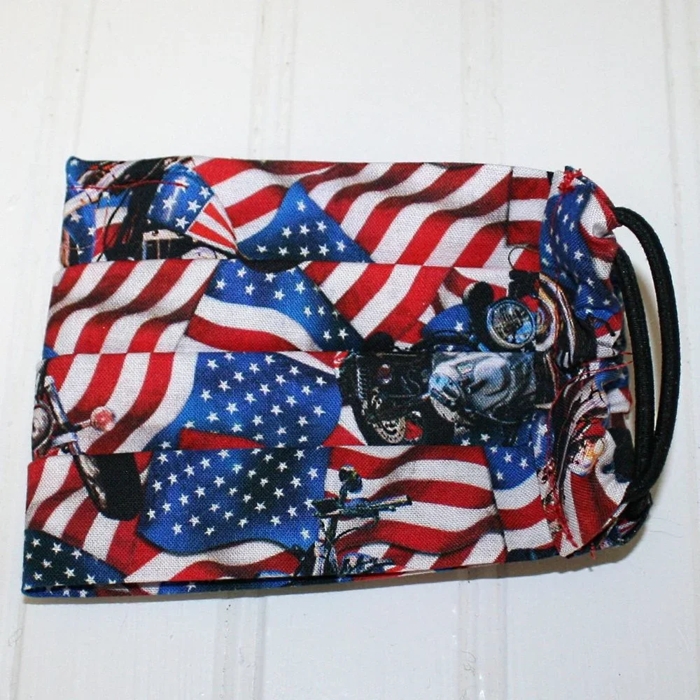 HAND CRAFTED Face Mask Biker American Flag Adult Cloth Fabric Print - Pocket