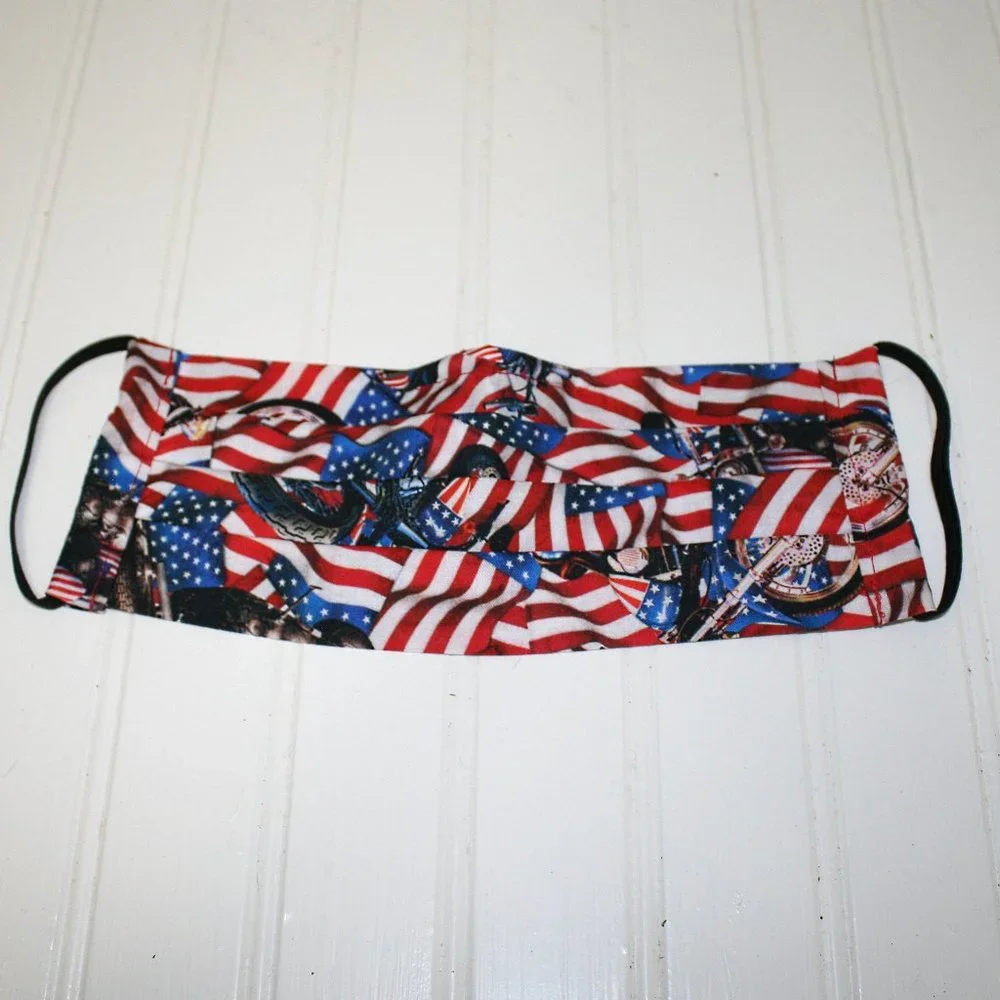 HAND CRAFTED Face Mask Biker American Flag Adult Cloth Fabric Print - Pocket