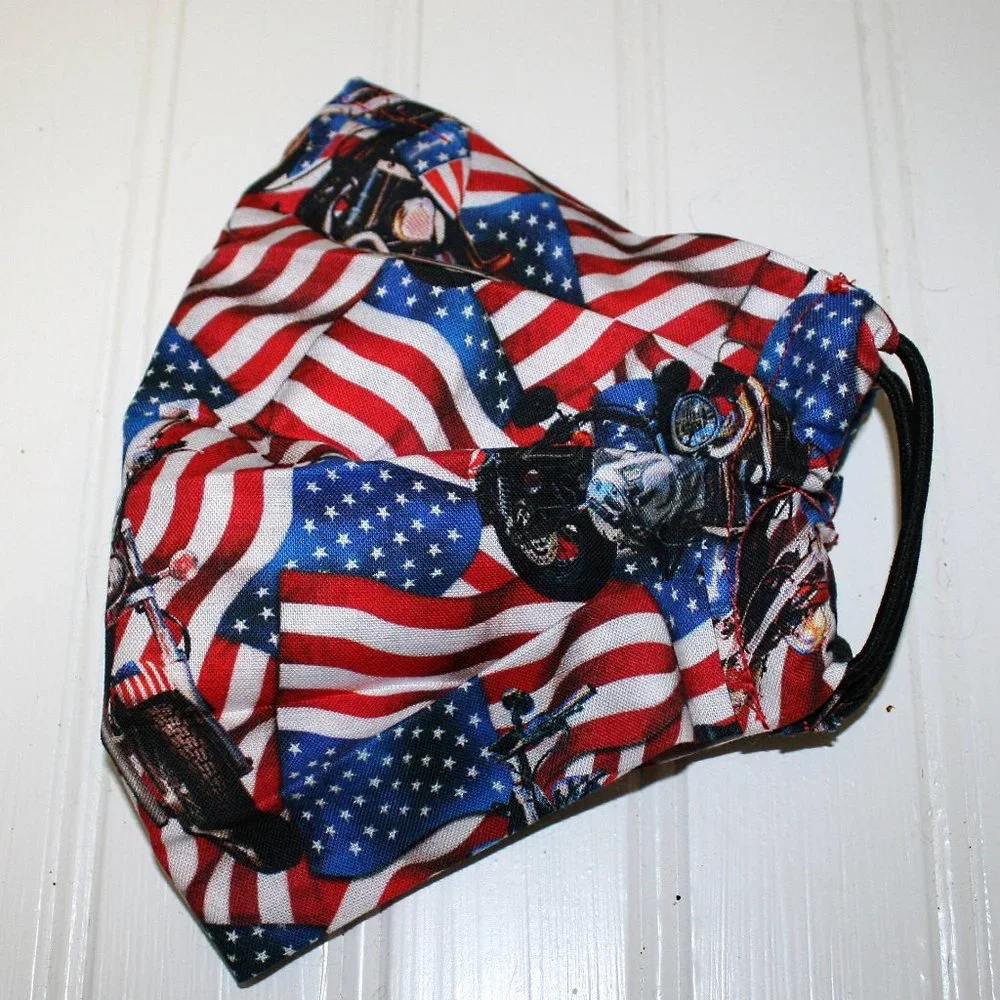 HAND CRAFTED Face Mask Biker American Flag Adult Cloth Fabric Print - Pocket