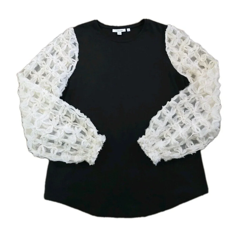 Chico's Mesh Applique Sleeve Blouse Womens Size 1 Medium Black Ivory Elegant Top