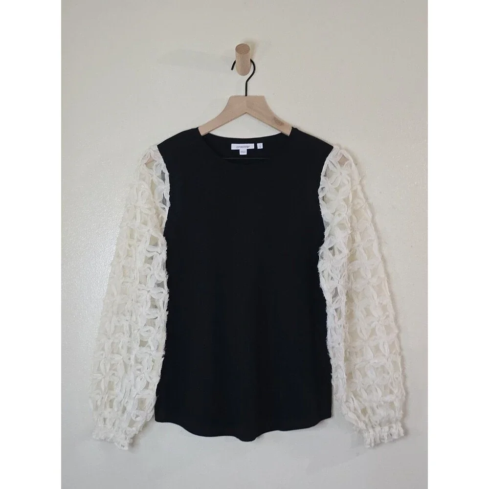 Chico's Mesh Applique Sleeve Blouse Womens Size 1 Medium Black Ivory Elegant Top