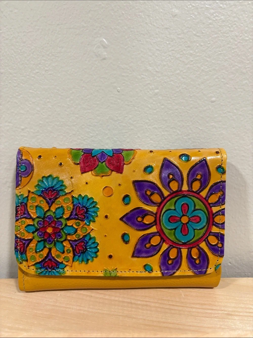 Yellow Floral Embossed Leather Wallet - Hand-Painted Design