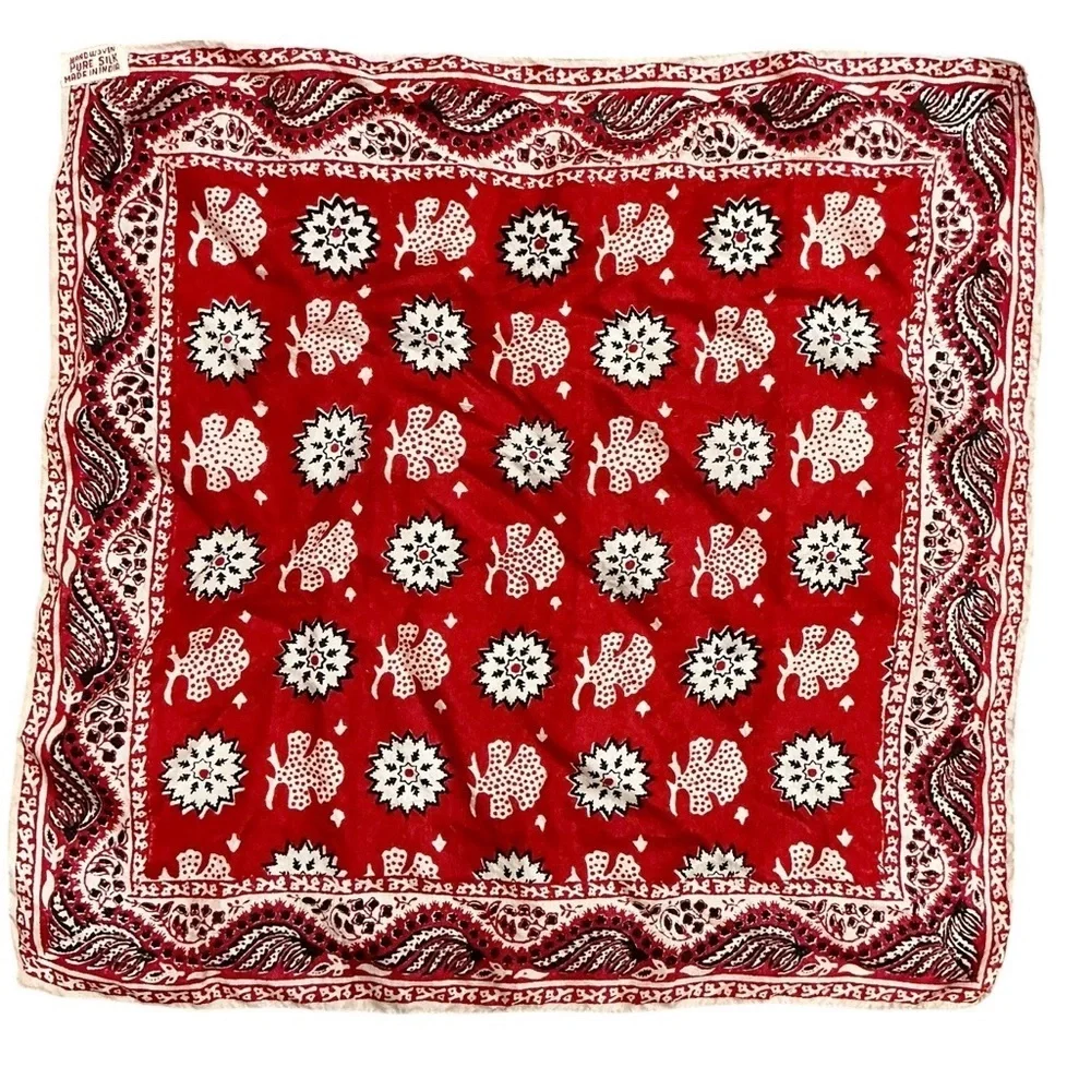 Vintage Handwoven Pure Silk Pocket Square Scarf Red Bandana Print Made in India