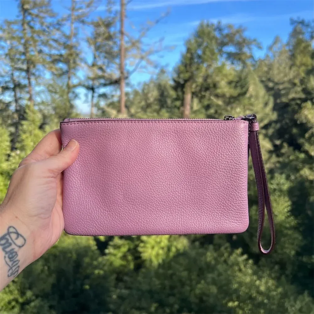 COACH Pink/Purple Pebble Leather Wristlet Wallet w Gunmetal Logo Accents