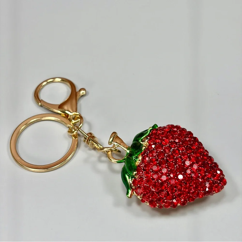 Chunky Rhinestone Strawberry Keychain - Red & Green Gold Hardware