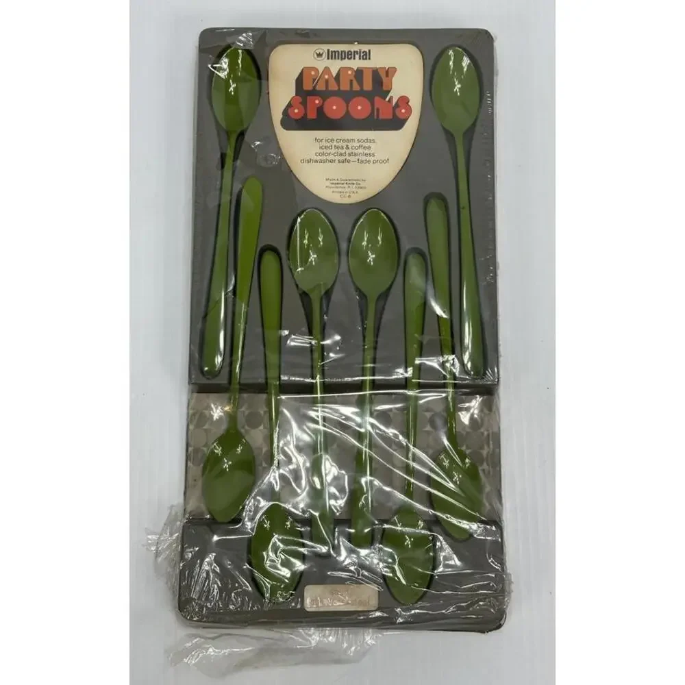 Vintage MCM‎ Imperial Party Spoons Avocado Green Stainless Steel Original Box