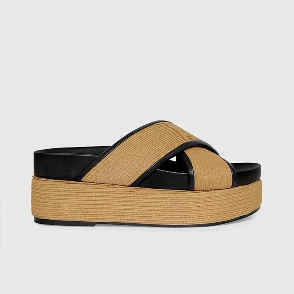 Rebecca Minkoff Platform Raffia Slide Tan and Black Sandals 9
