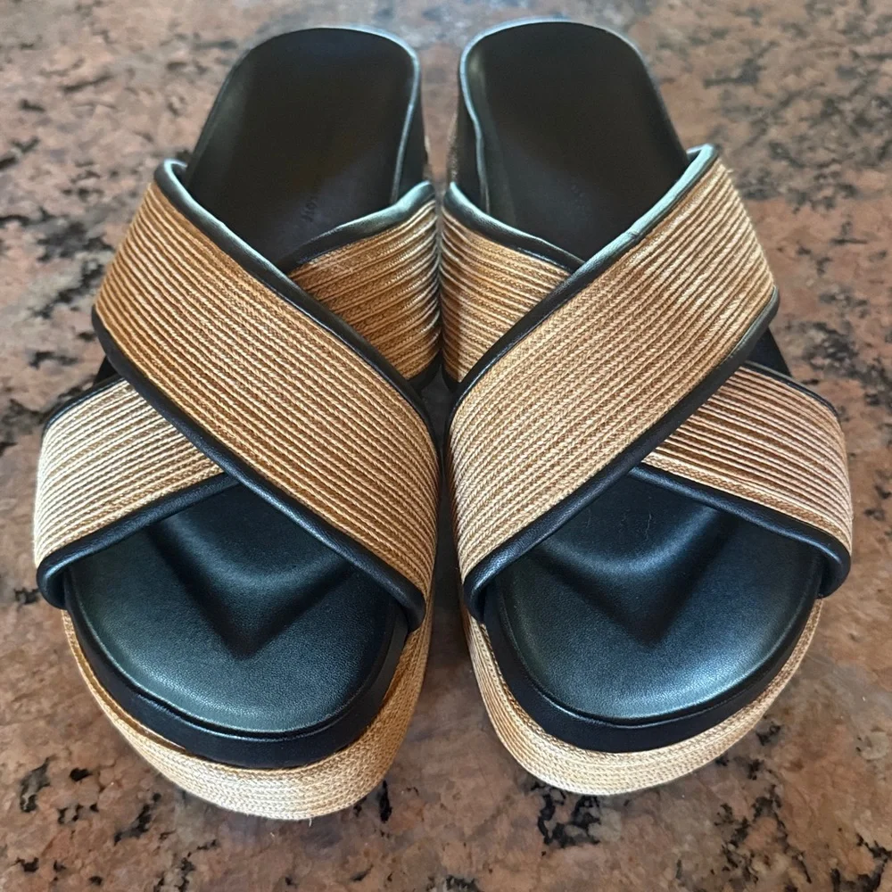 Rebecca Minkoff Platform Raffia Slide Tan and Black Sandals 9