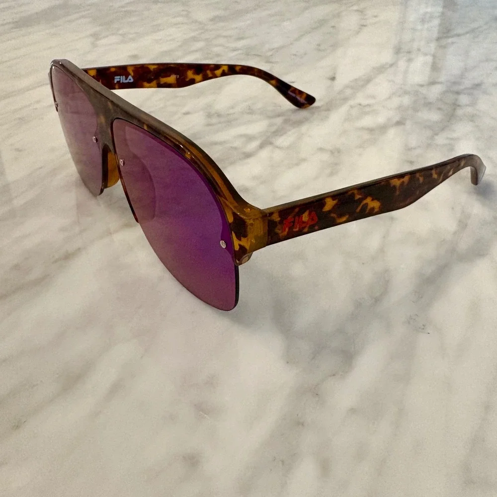 Fila‎ Sunglasses Tortoise Shell Blue Purple Mirrored Lens Aviator Style
