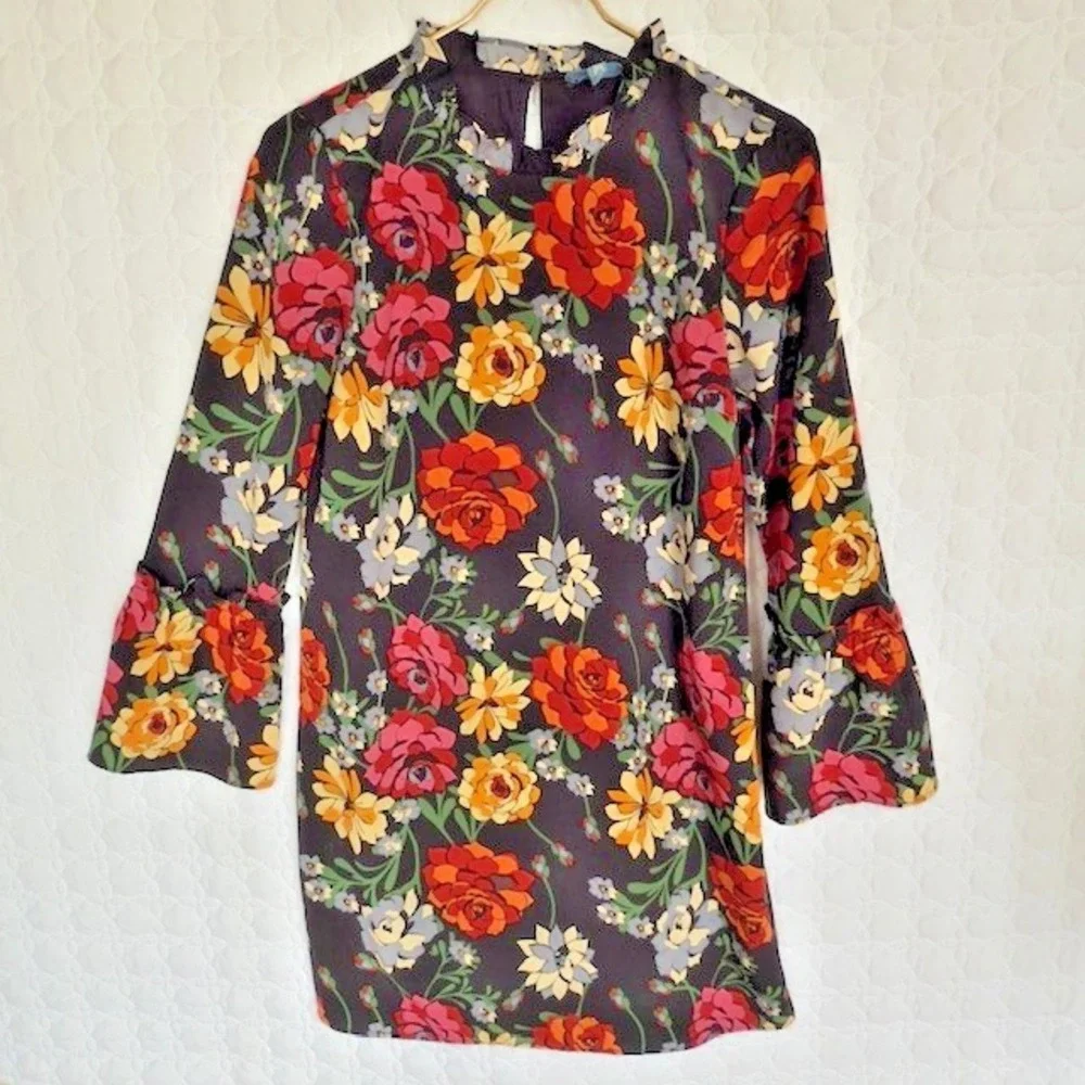 Fleur Bleue French Boutique Floral Dress‎ Women's Sz 2 Bell Sleeves Boho Luxe