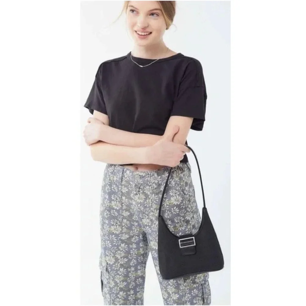 Urban Outfitters Black Shoulder Baguette Small Handbag‎ Silver Buckle