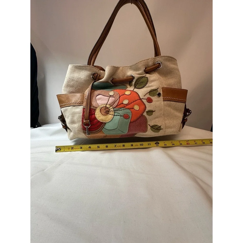 Fossil Colorful Satchel Boho Tote Purse Denim And Leather Unique‎ ❤️