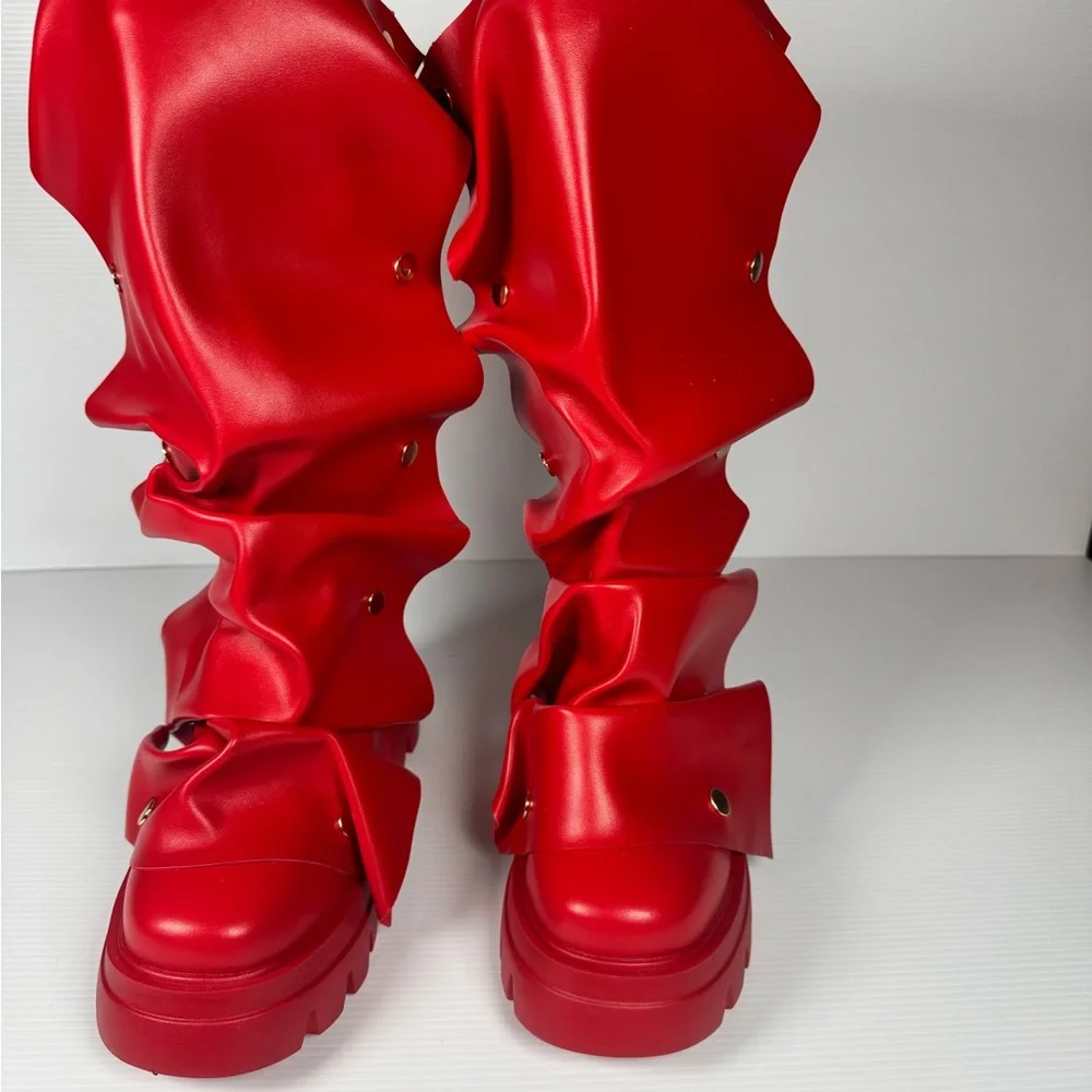 Women's Red Slouch Platform Knee Boots